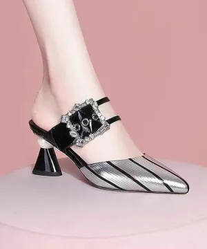 Silver Stylish Splicing Zircon Chunky Slide Sandals Hollow Out