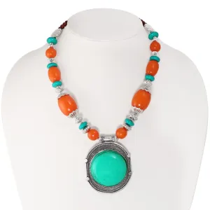 SILVER TURQUOISE AND ORANGE BEADS ROUND PENANT NECKLACE #FWNK-1901-24