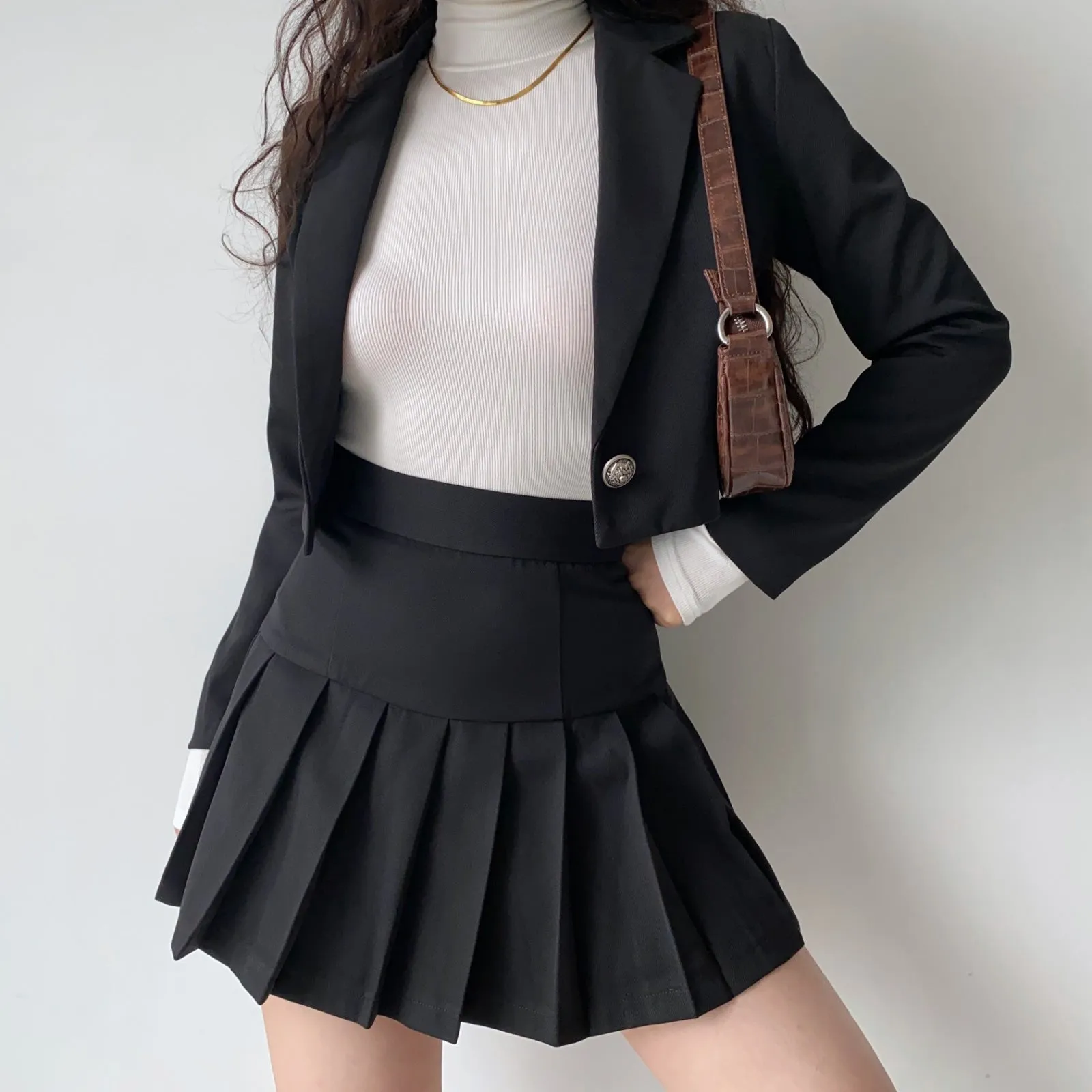 Slim Suit High Waist Pleated Skirt Set