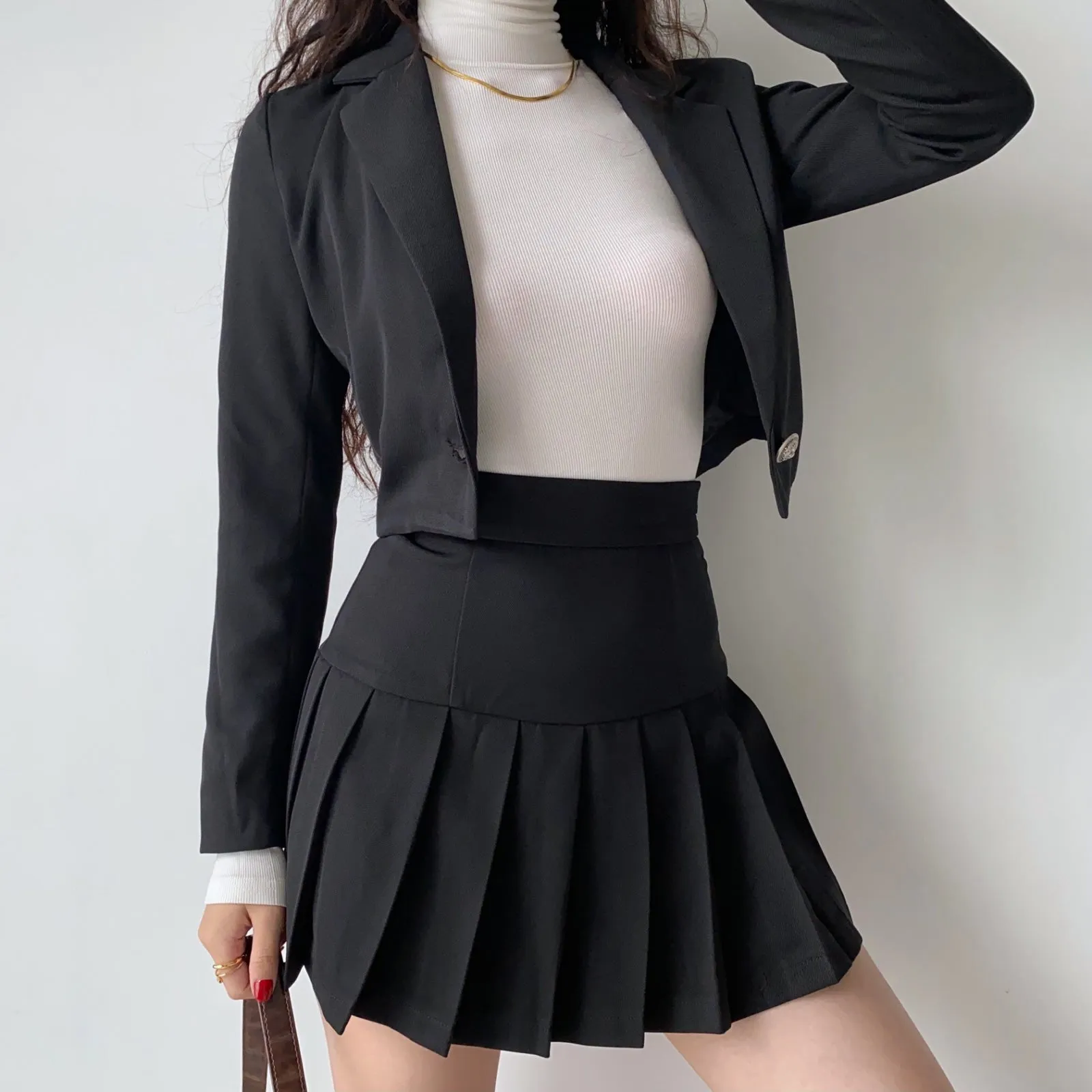 Slim Suit High Waist Pleated Skirt Set