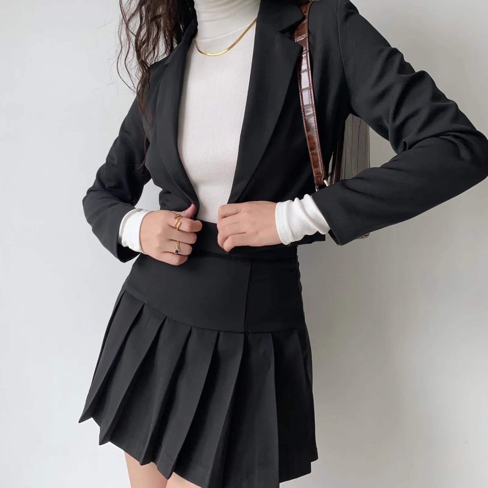 Slim Suit High Waist Pleated Skirt Set