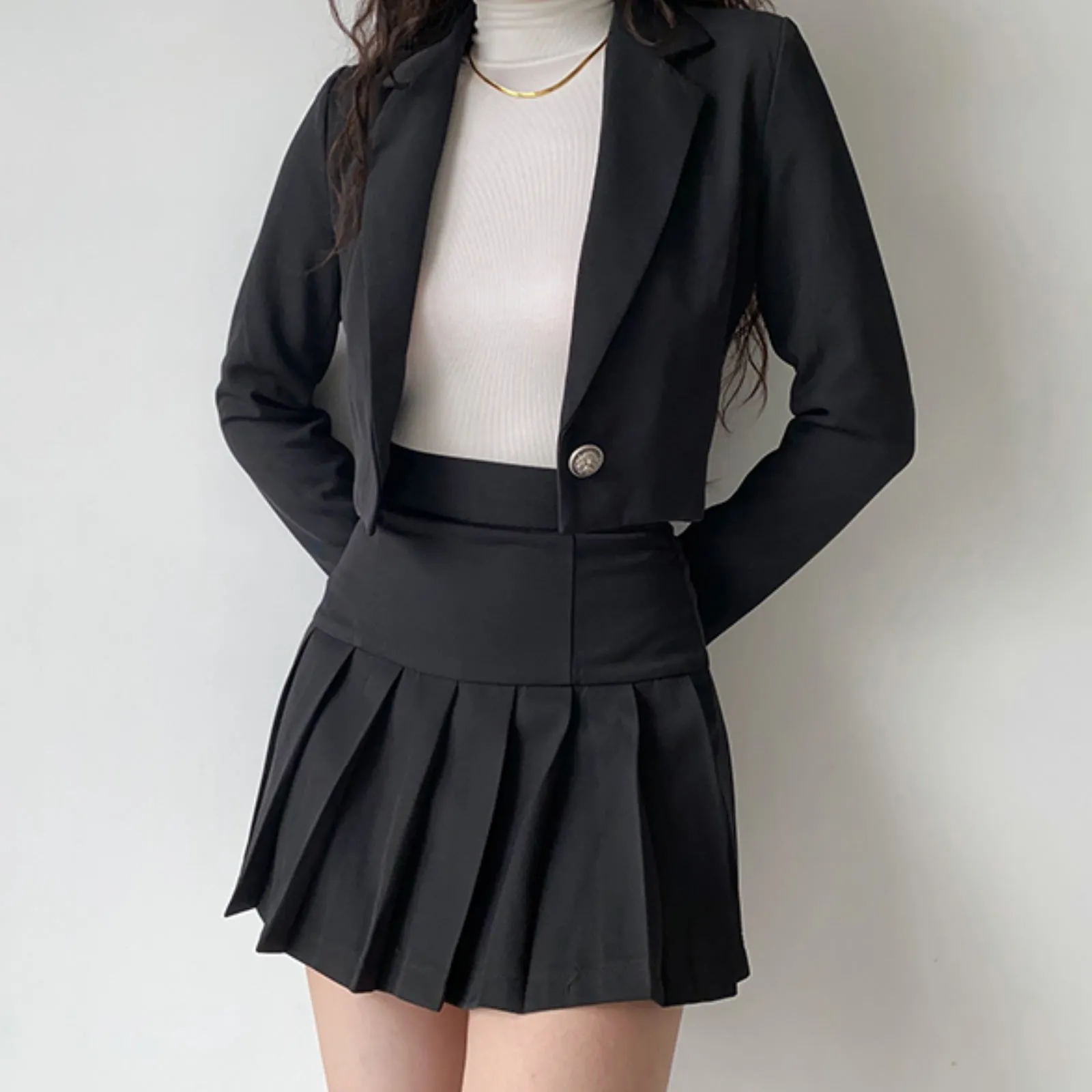 Slim Suit High Waist Pleated Skirt Set