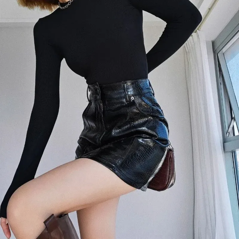 Slit Black Skirts for Women Spring Autumn Sexy Crocodile Pattern High Waist Hip Leather Skirts Fashion Hotties Clothing Y2k