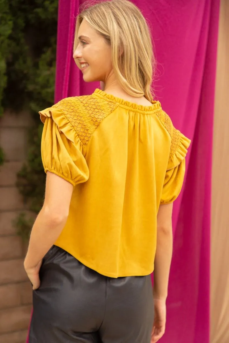 SMOCKED SHOULDER SUEDE TOP