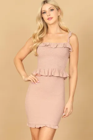 SOLID RUFFLE SHIRRED CROP TOP & SKIRT SET