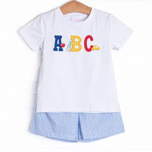 Spelling Bee Sweetie Applique Short Set, Blue Gingham