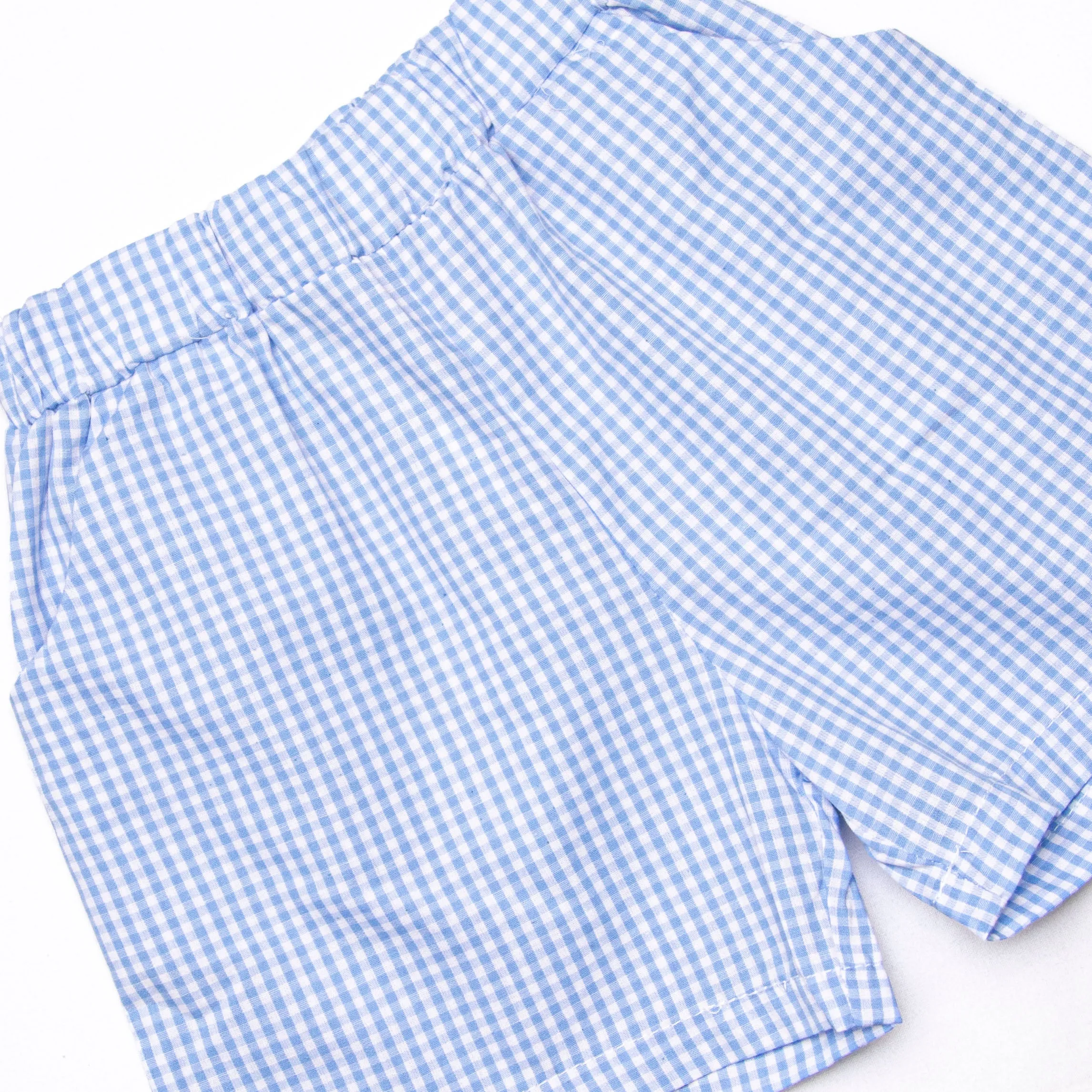 Spelling Bee Sweetie Applique Short Set, Blue Gingham
