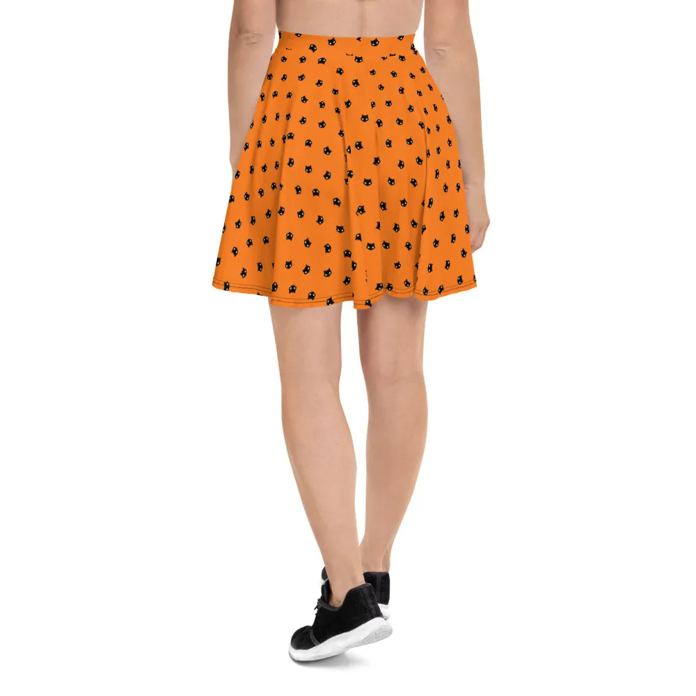 Spooky Cat Skater Skirt - Orange