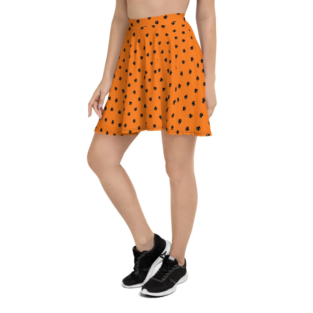 Spooky Cat Skater Skirt - Orange