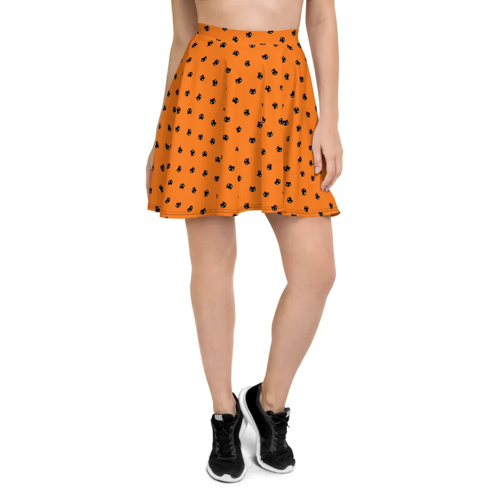 Spooky Cat Skater Skirt - Orange