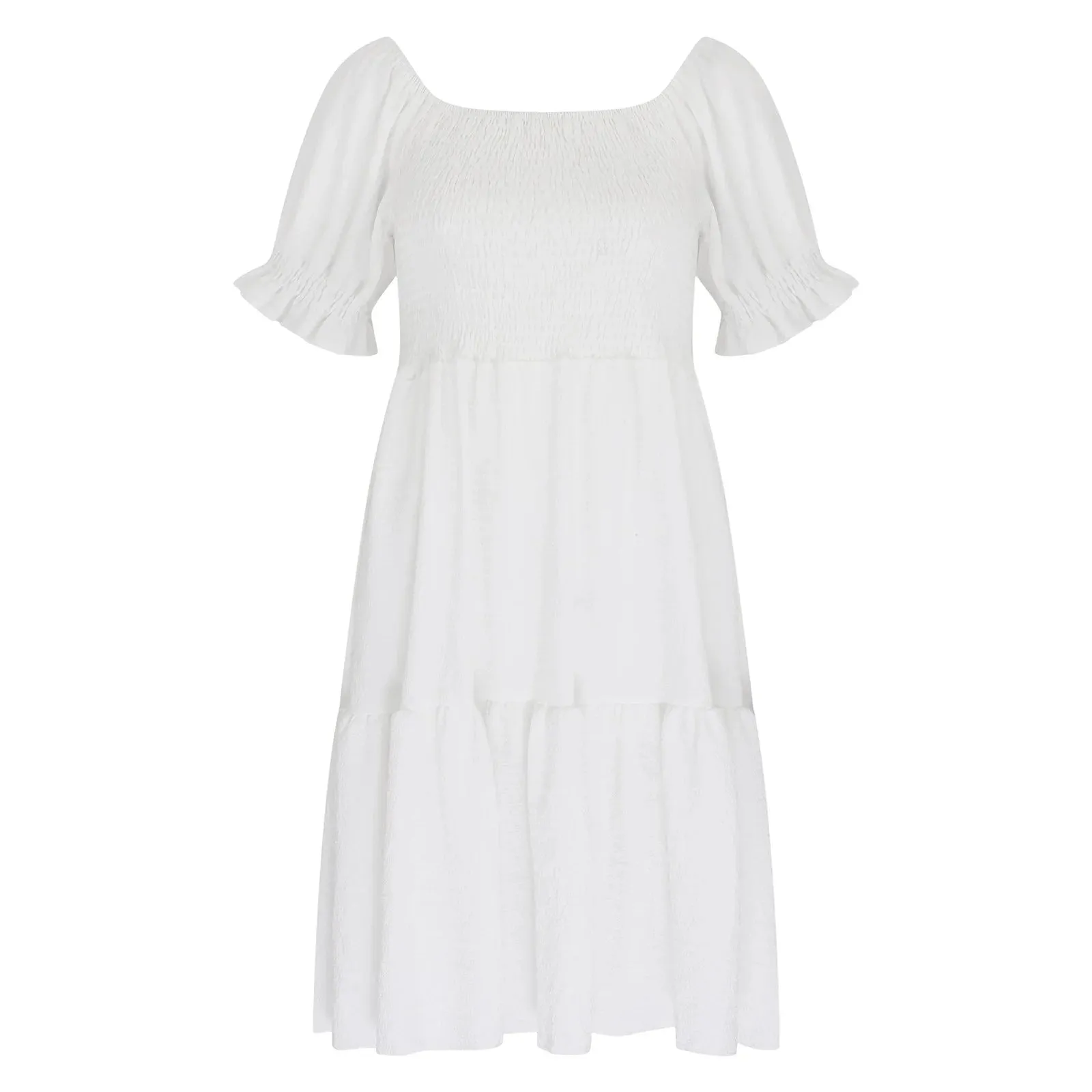 Spring Dresses for Women Short Sleeve 2024 White Mid-Length Pleated Ruffle Solid Shift Pretty Teens Dresses