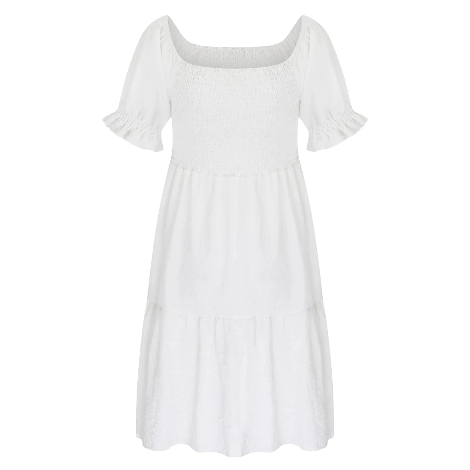 Spring Dresses for Women Short Sleeve 2024 White Mid-Length Pleated Ruffle Solid Shift Pretty Teens Dresses