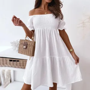 Spring Dresses for Women Short Sleeve 2024 White Mid-Length Pleated Ruffle Solid Shift Pretty Teens Dresses