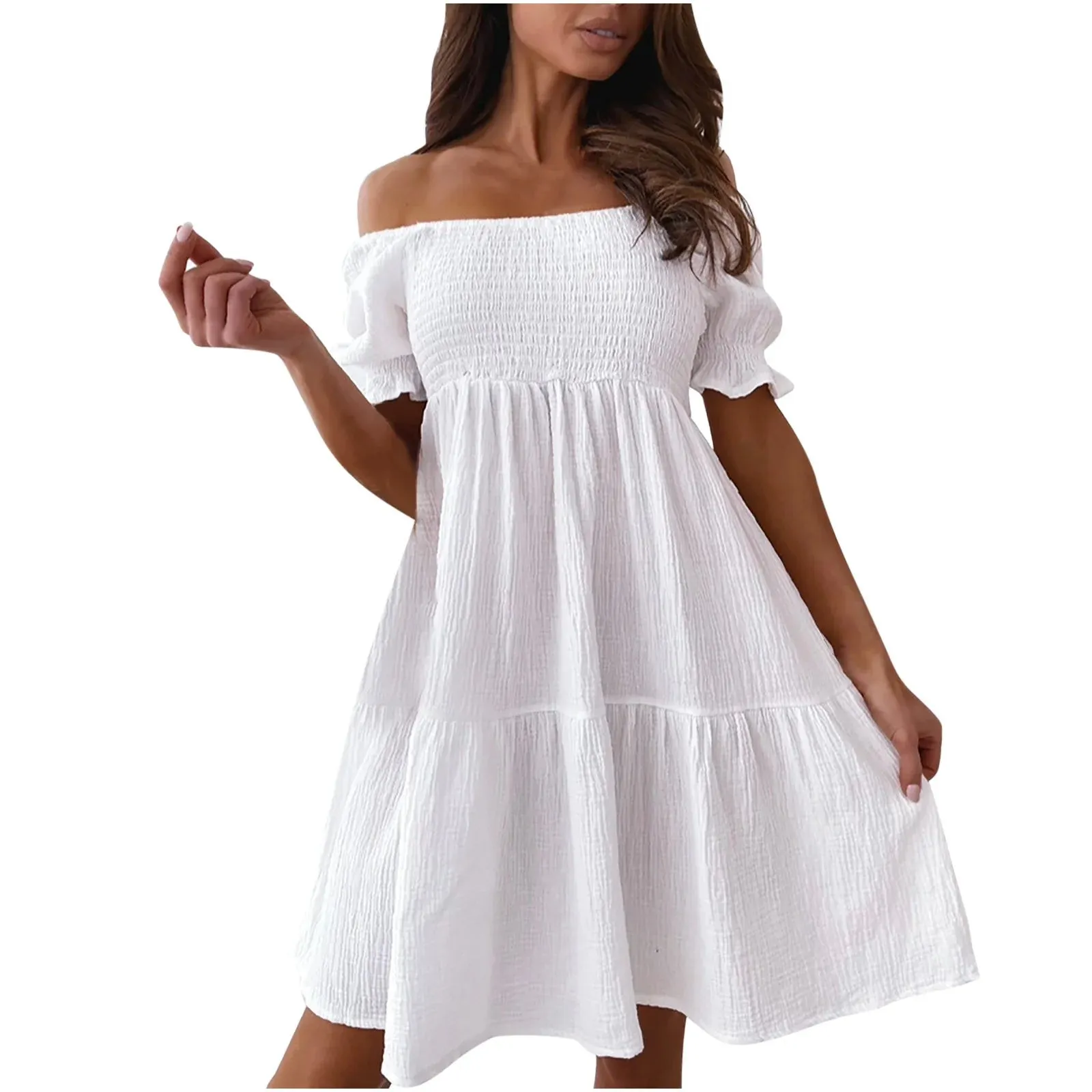 Spring Dresses for Women Short Sleeve 2024 White Mid-Length Pleated Ruffle Solid Shift Pretty Teens Dresses