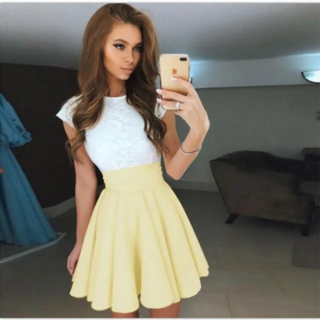 Spring Summer Short Skirts Womens Swing Tutu Skirt Bottoms Pleated Skirts Ladies Basic Solid Color Casual Mini Skater Skirt S-XL