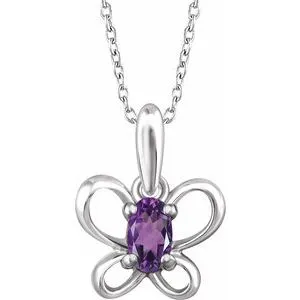 Sterling Silver 4x3 mm Oval February Youth Butterfly Birthstone 15" Necklace