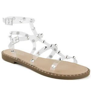 Sugar Women's Studded Flat Sandals Women's Gladiator Sandals with Clear Lucite And Studs - Bayridge Clear 6.5