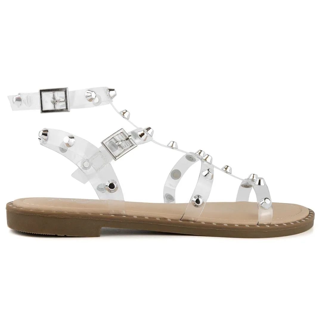 Sugar Women's Studded Flat Sandals Women's Gladiator Sandals with Clear Lucite And Studs - Bayridge Clear 6.5
