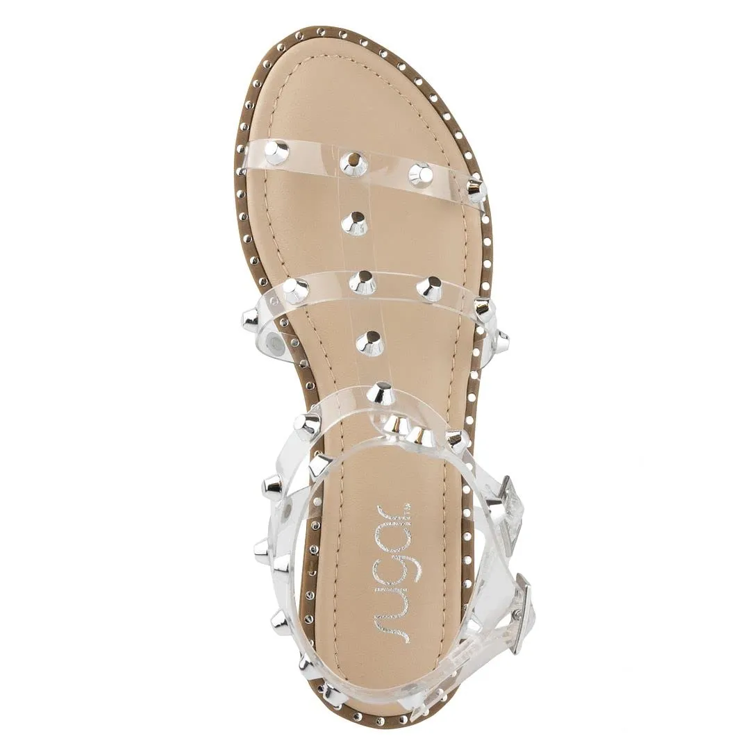 Sugar Women's Studded Flat Sandals Women's Gladiator Sandals with Clear Lucite And Studs - Bayridge Clear 6.5