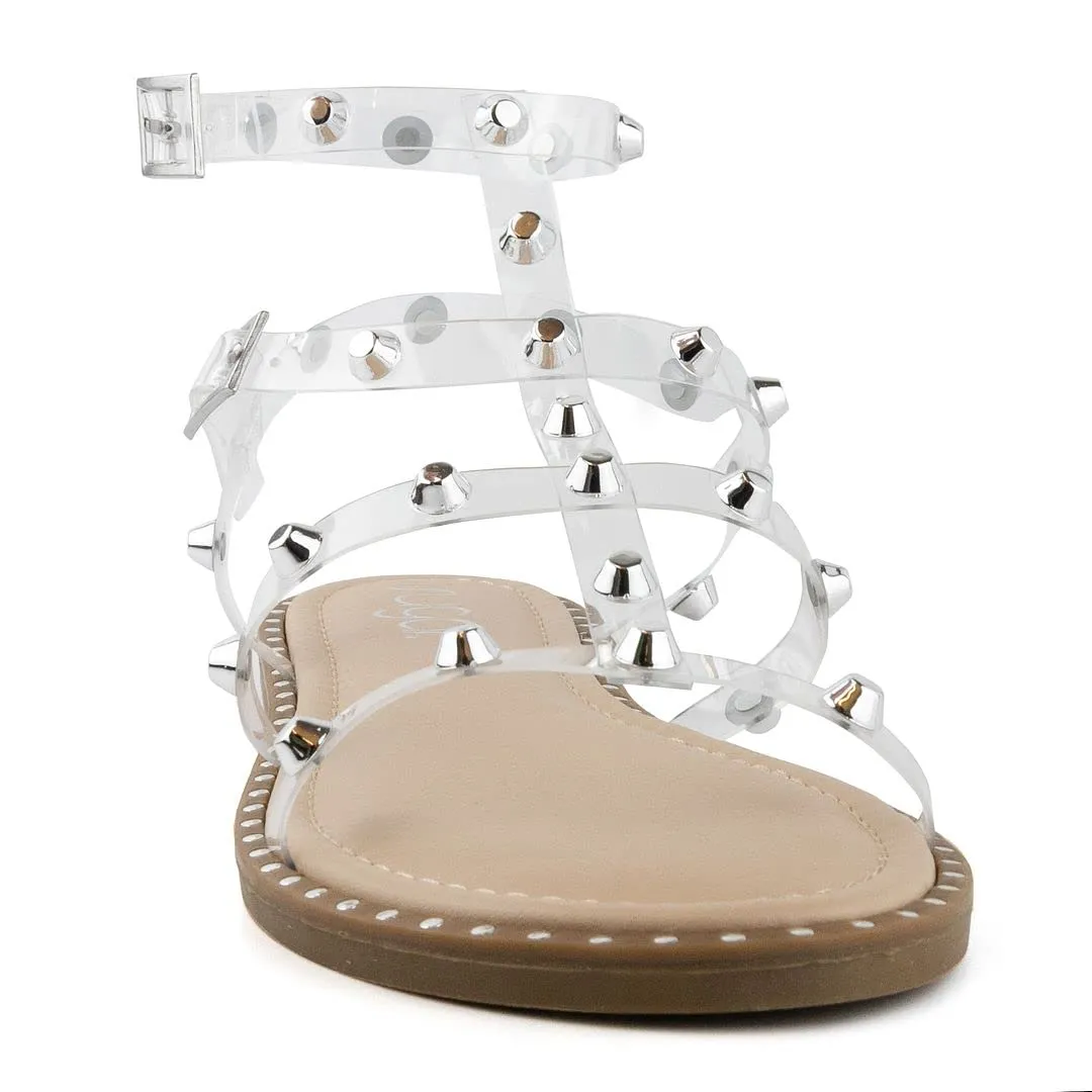 Sugar Women's Studded Flat Sandals Women's Gladiator Sandals with Clear Lucite And Studs - Bayridge Clear 6.5