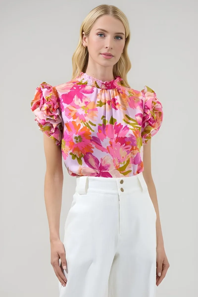 Sugarlips - Abigal Floral Brenna Mock Neck Ruffle Blouse (Final Sale)