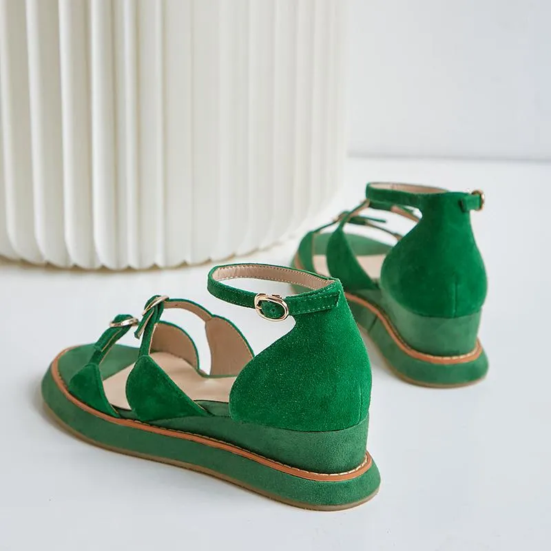 superstar kid suede buckle strap peep toe high heel wedge platform women sandals elegant cover heel office lady summer shoes