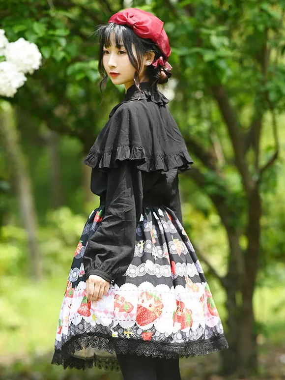 Sweet Lolita Overskirt Fruit Floral Pattern Black Lace Lolita Skirts