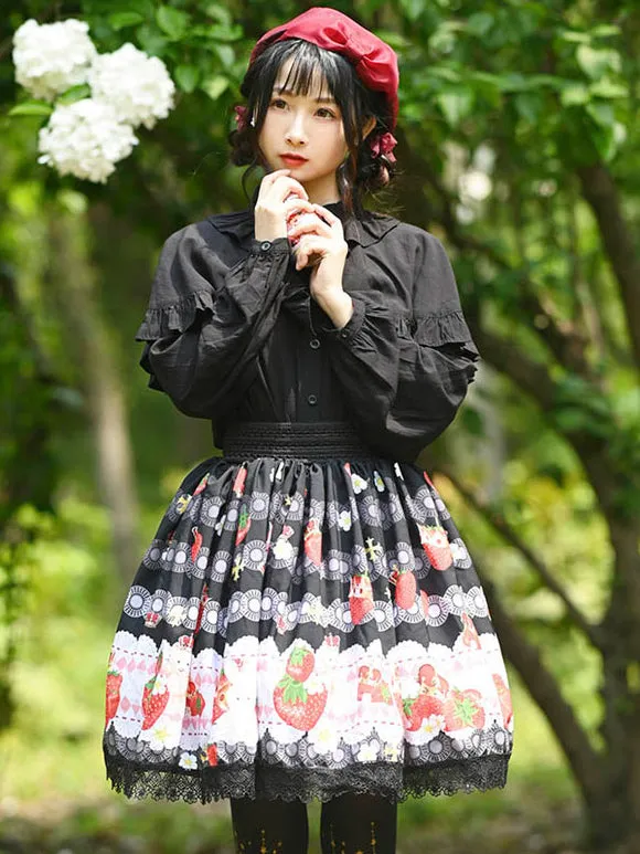 Sweet Lolita Overskirt Fruit Floral Pattern Black Lace Lolita Skirts