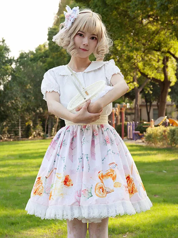 Sweet Lolita SK Angel Beats Ruffles Light Pink Floral Print Lolita Skirts