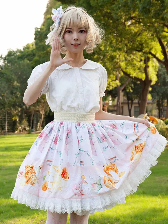 Sweet Lolita SK Angel Beats Ruffles Light Pink Floral Print Lolita Skirts