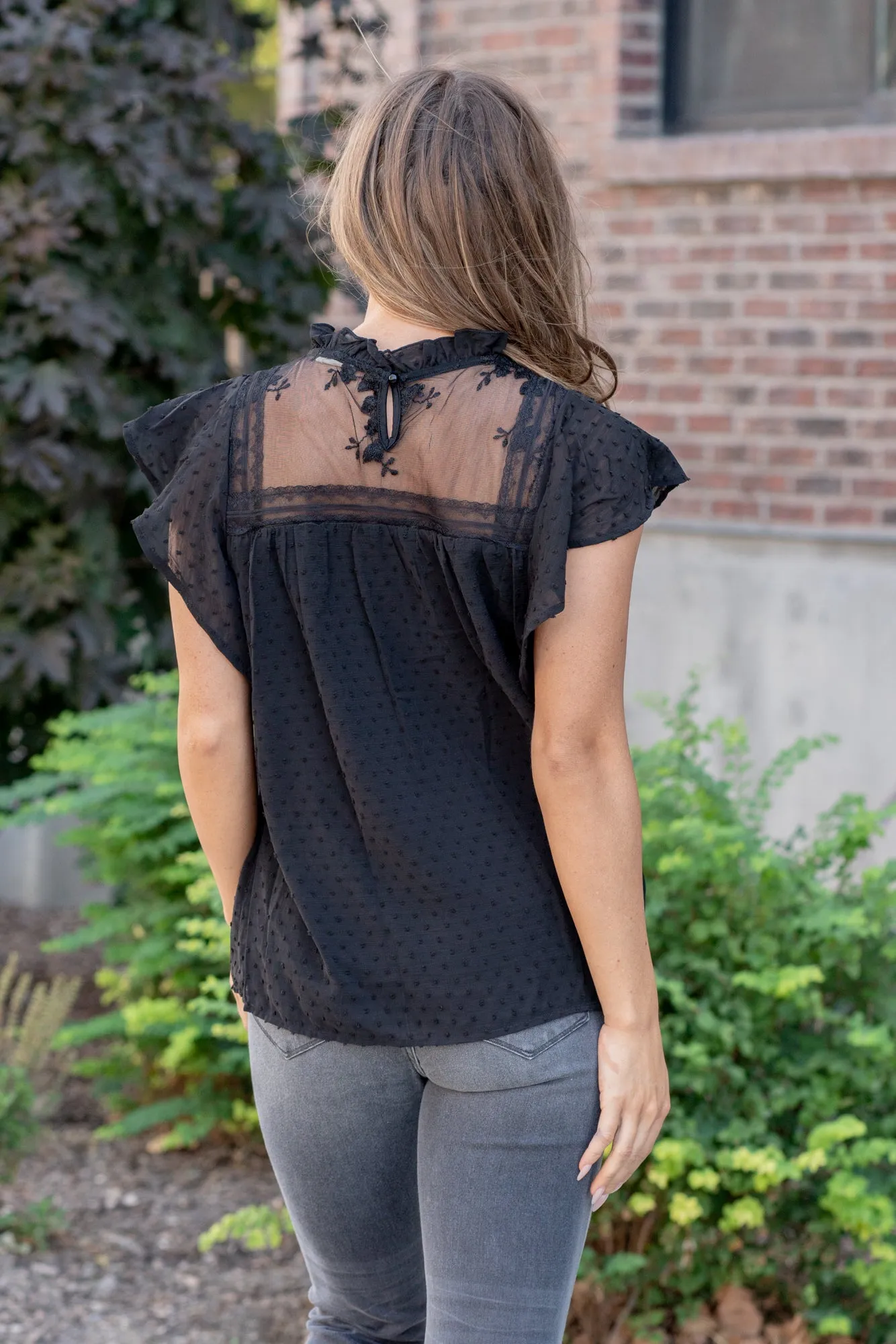 Swiss Dot Ruffle Top - Black