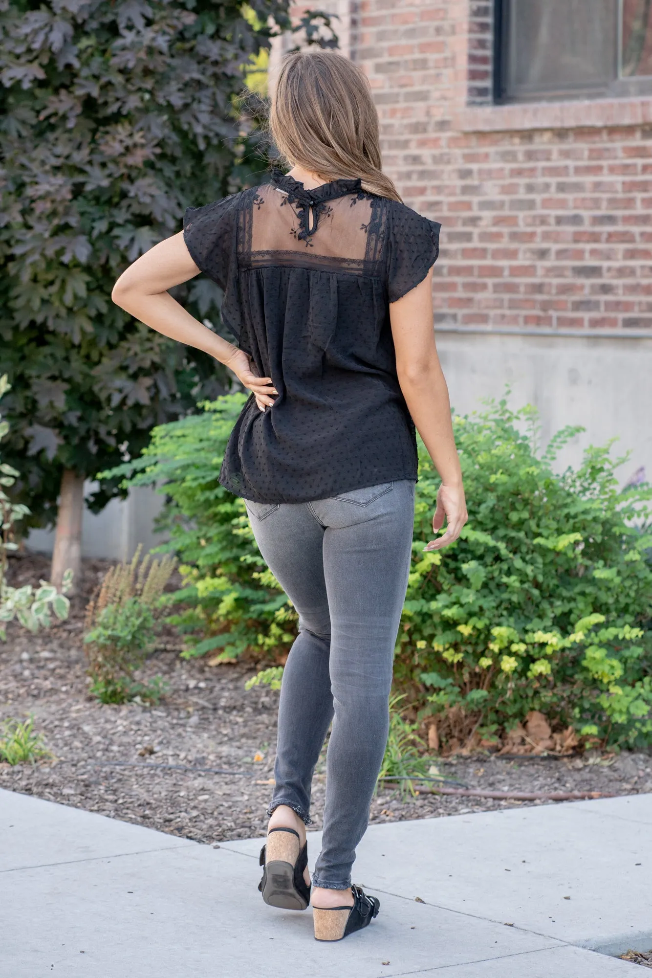 Swiss Dot Ruffle Top - Black