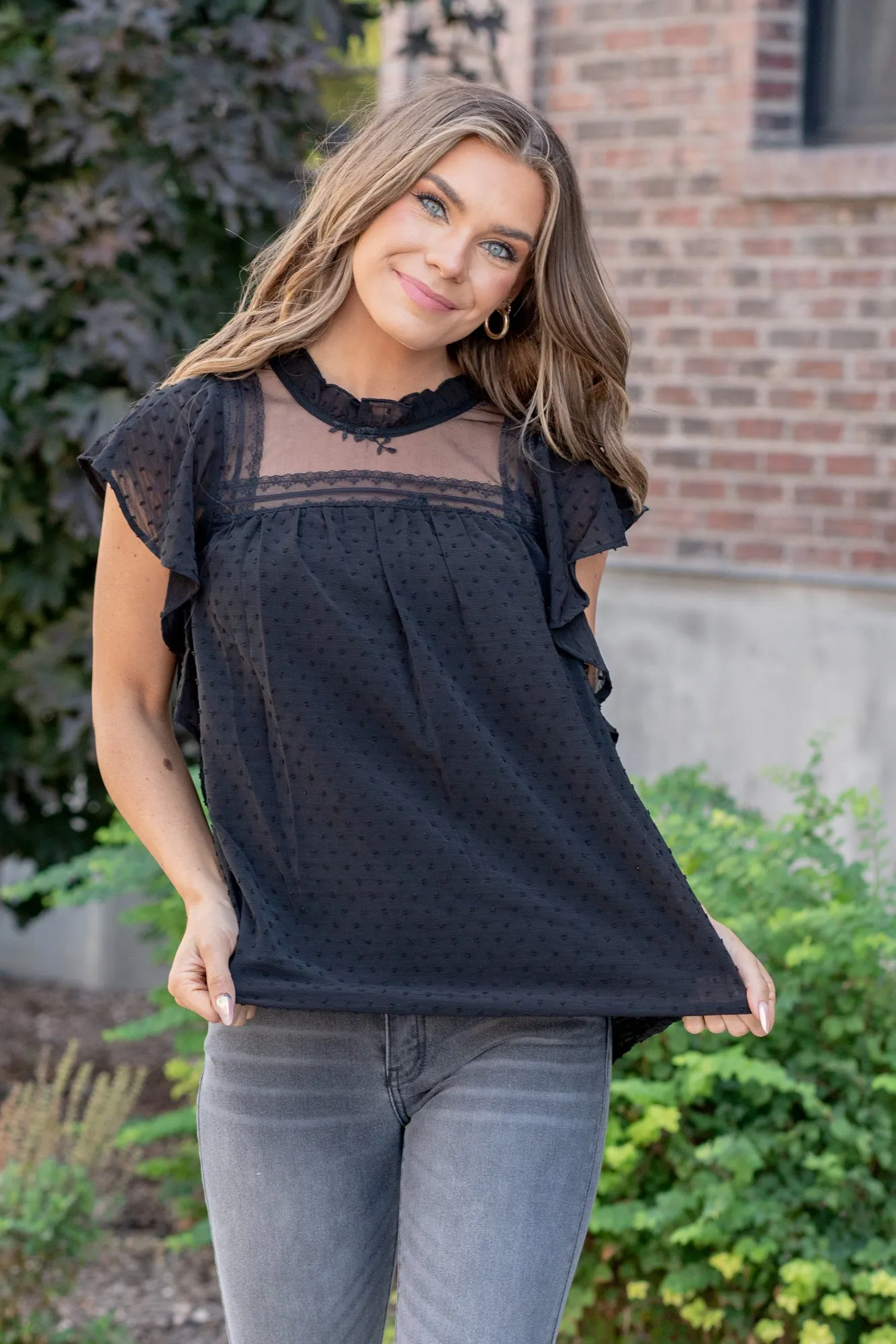 Swiss Dot Ruffle Top - Black
