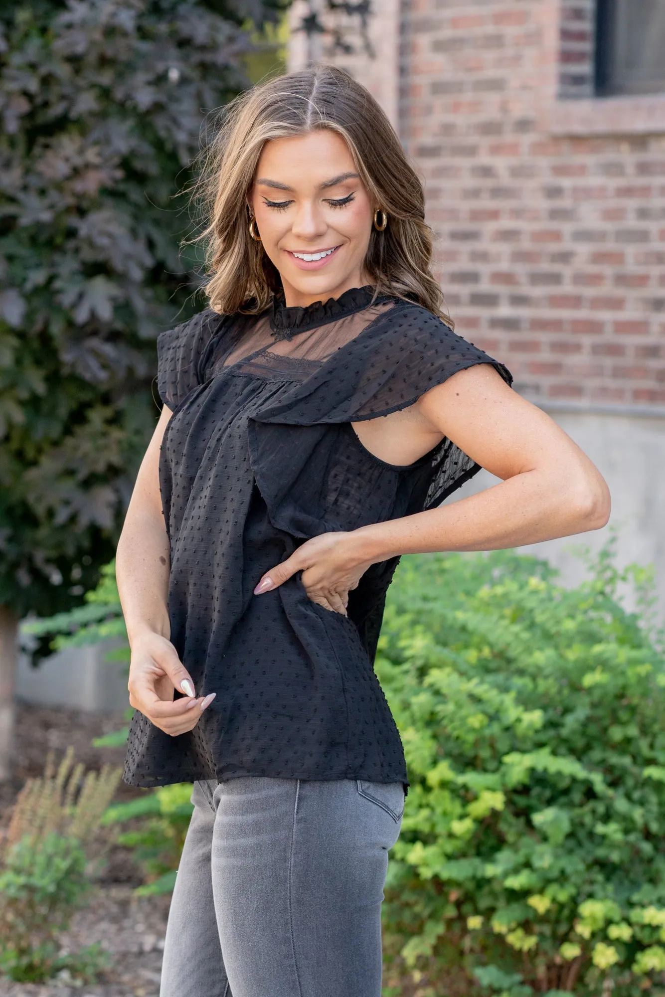 Swiss Dot Ruffle Top - Black
