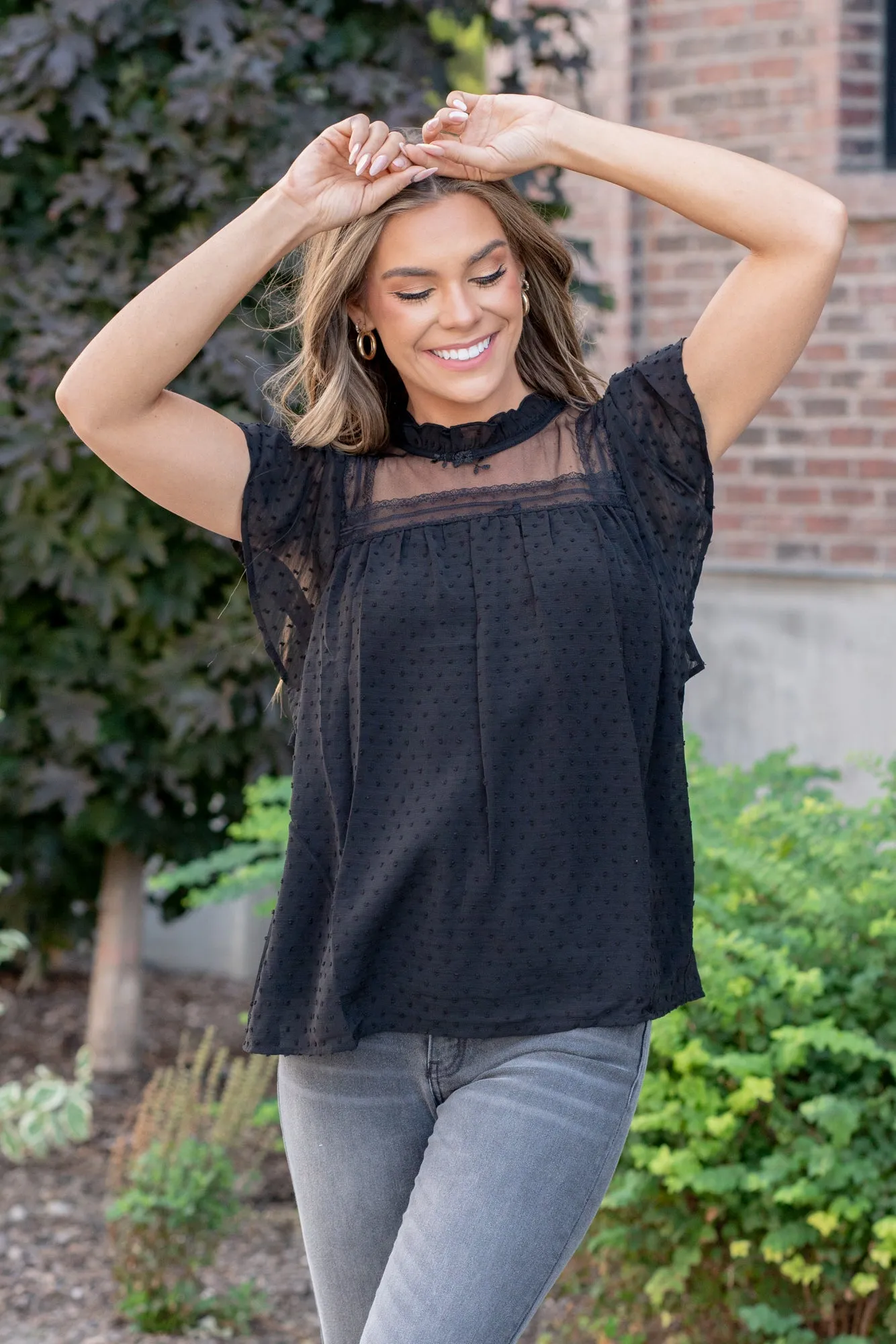 Swiss Dot Ruffle Top - Black
