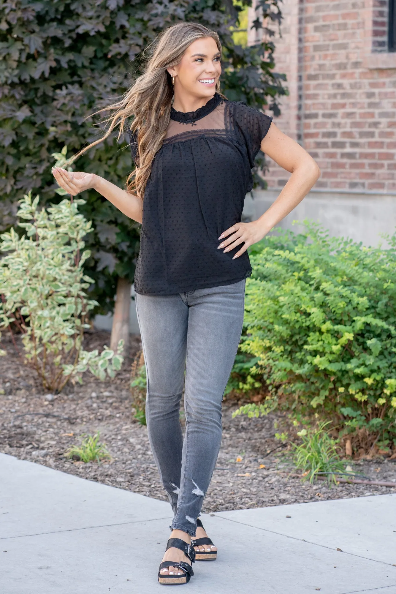 Swiss Dot Ruffle Top - Black