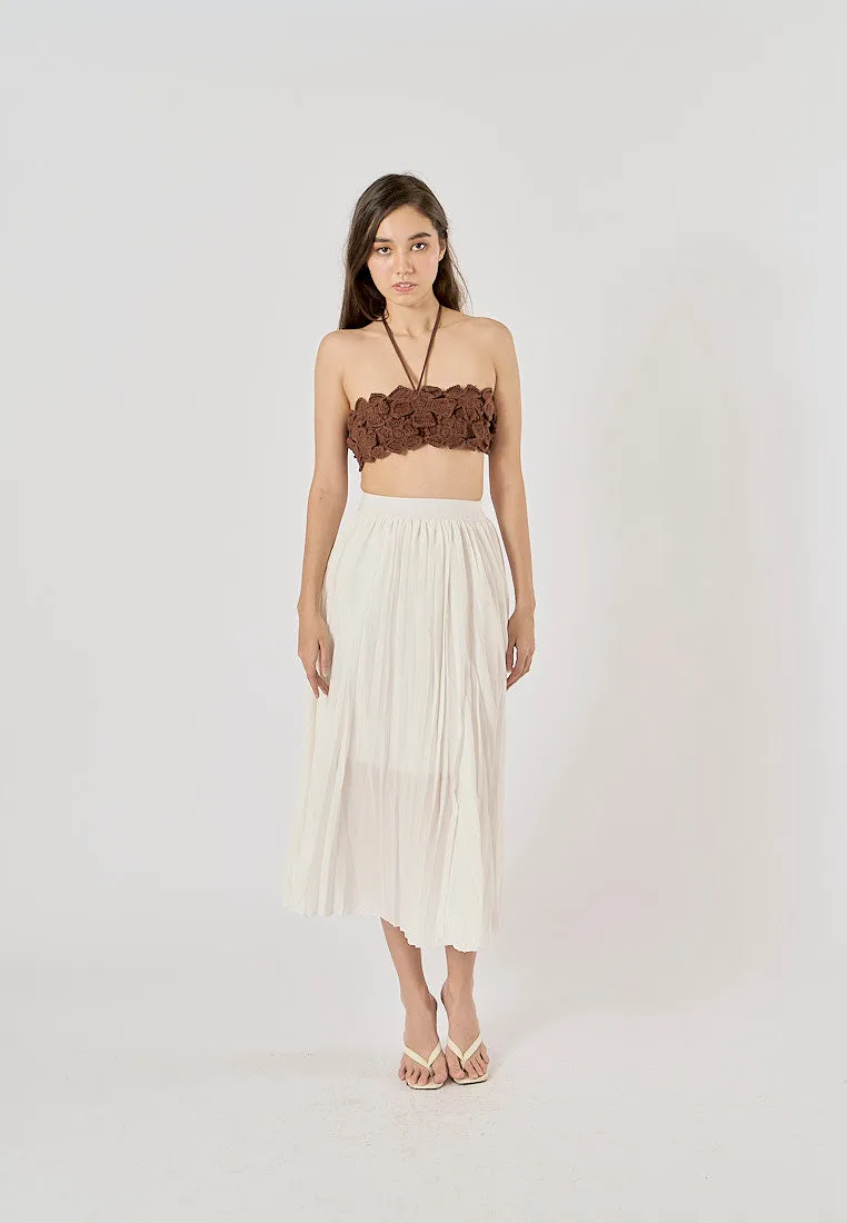 Sylvia White Pleated Elastic Waist A-Line Midi Skirt