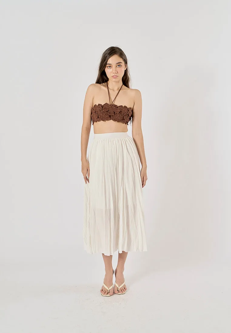 Sylvia White Pleated Elastic Waist A-Line Midi Skirt