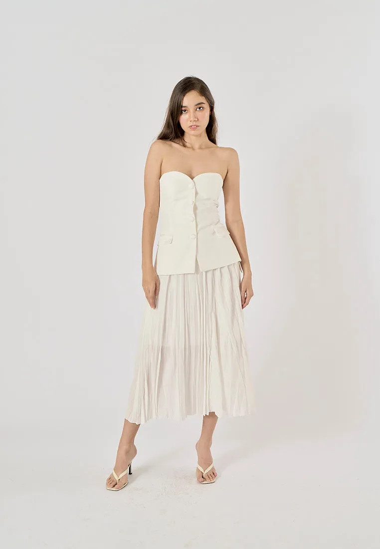 Sylvia White Pleated Elastic Waist A-Line Midi Skirt