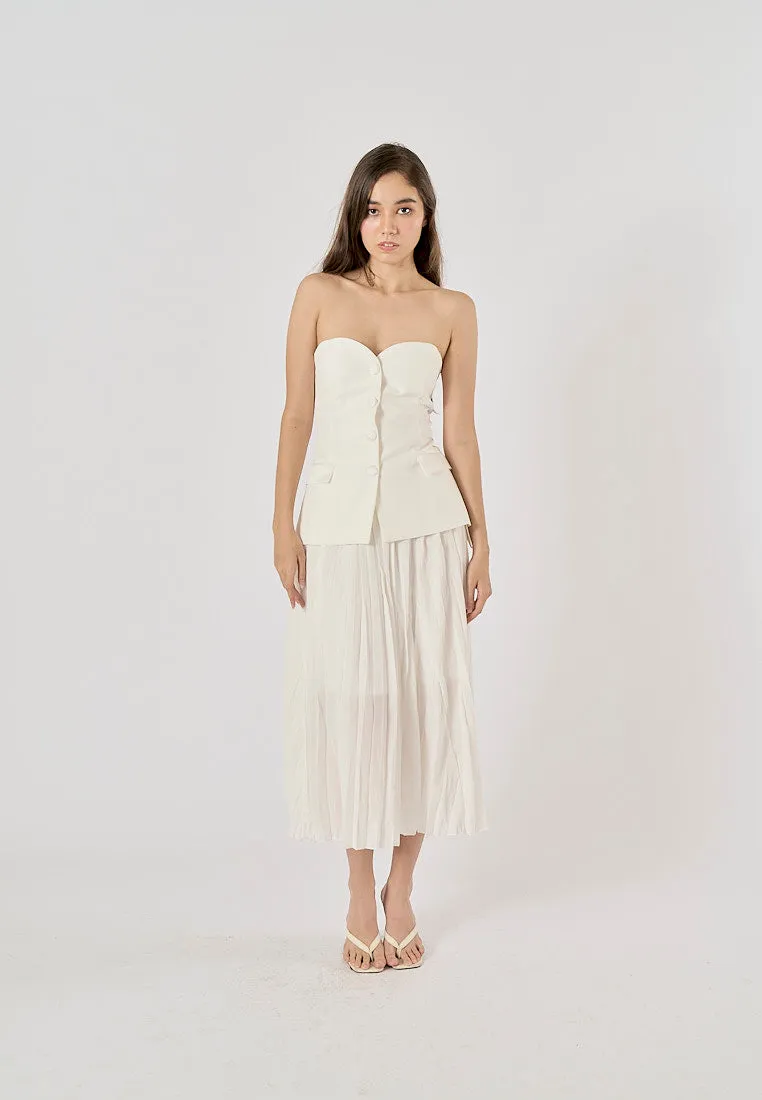 Sylvia White Pleated Elastic Waist A-Line Midi Skirt