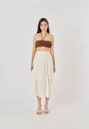 Sylvia White Pleated Elastic Waist A-Line Midi Skirt
