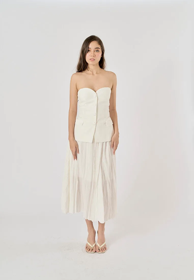 Sylvia White Pleated Elastic Waist A-Line Midi Skirt
