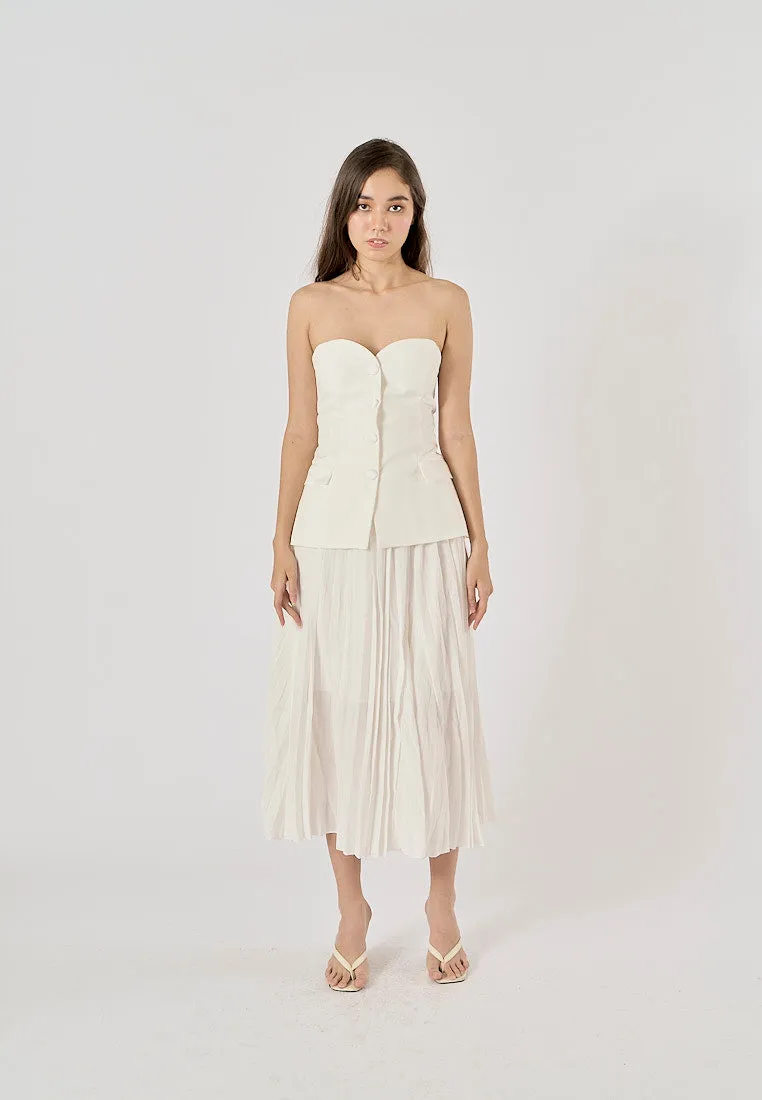 Sylvia White Pleated Elastic Waist A-Line Midi Skirt