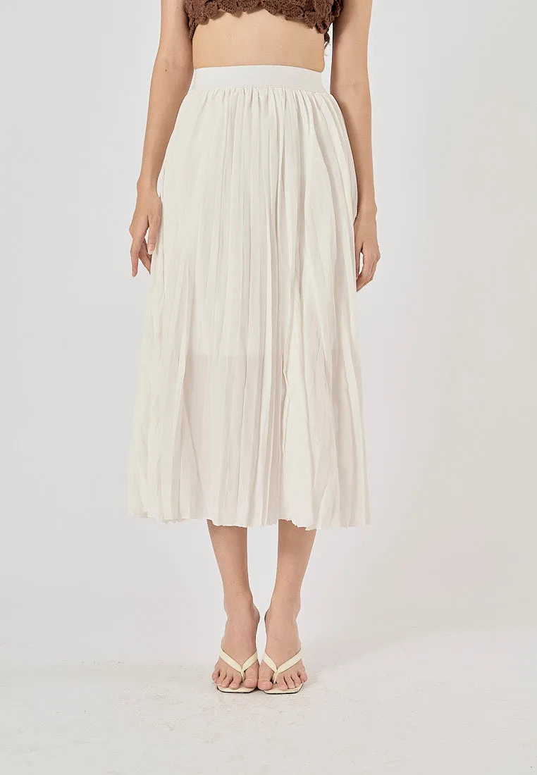 Sylvia White Pleated Elastic Waist A-Line Midi Skirt