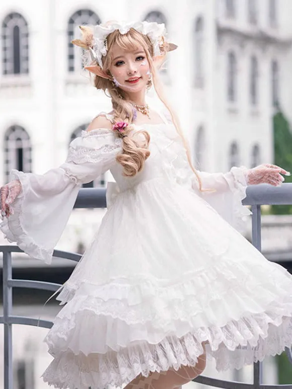 Tea Party Style Lolita JSK Dress Neverland Floral Print Pattern Ruffles Bows White Sweet Lolita Jumper Skirts