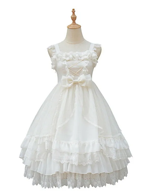 Tea Party Style Lolita JSK Dress Neverland Floral Print Pattern Ruffles Bows White Sweet Lolita Jumper Skirts