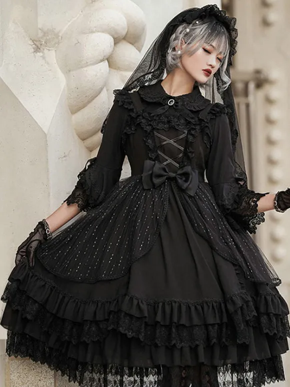Tea Party Style Lolita JSK Dress Neverland Floral Print Pattern Ruffles Bows White Sweet Lolita Jumper Skirts