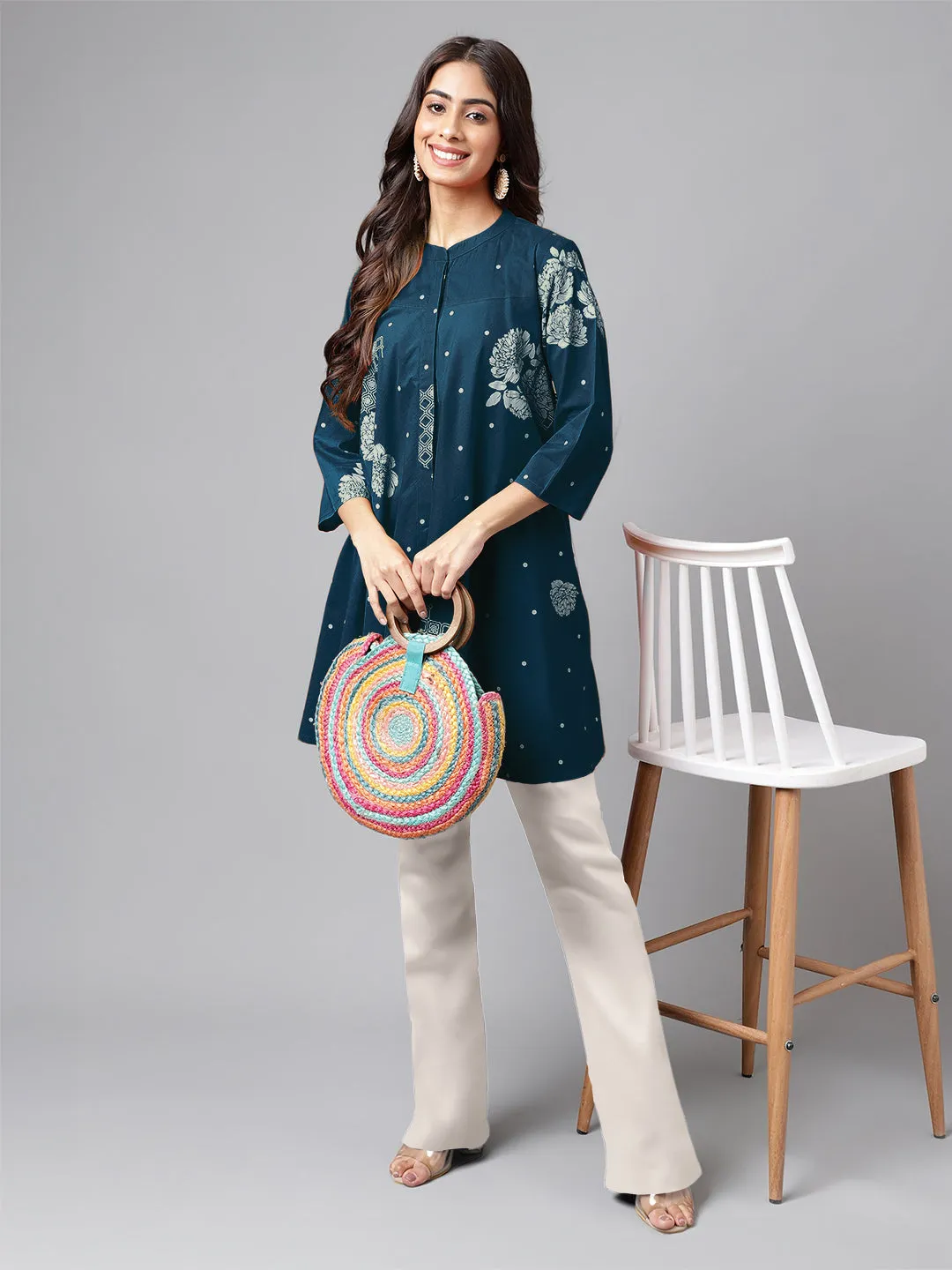 Teal Blue Pure Cotton Floral Printed Flared Tunic  - By Janasya