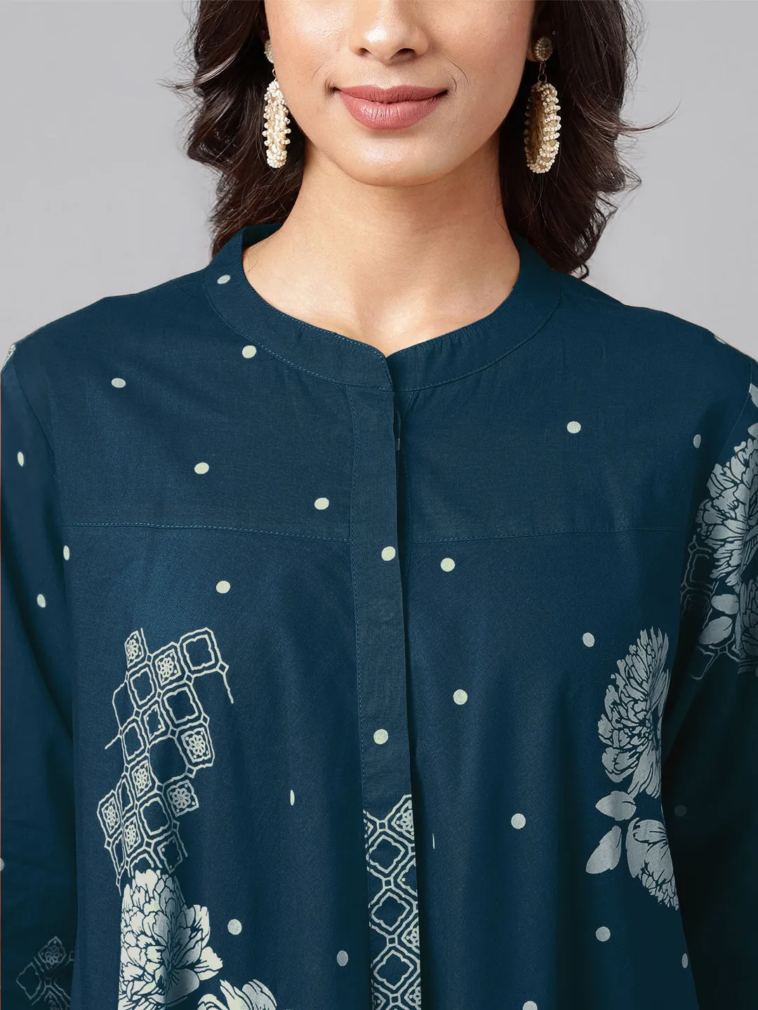 Teal Blue Pure Cotton Floral Printed Flared Tunic  - By Janasya