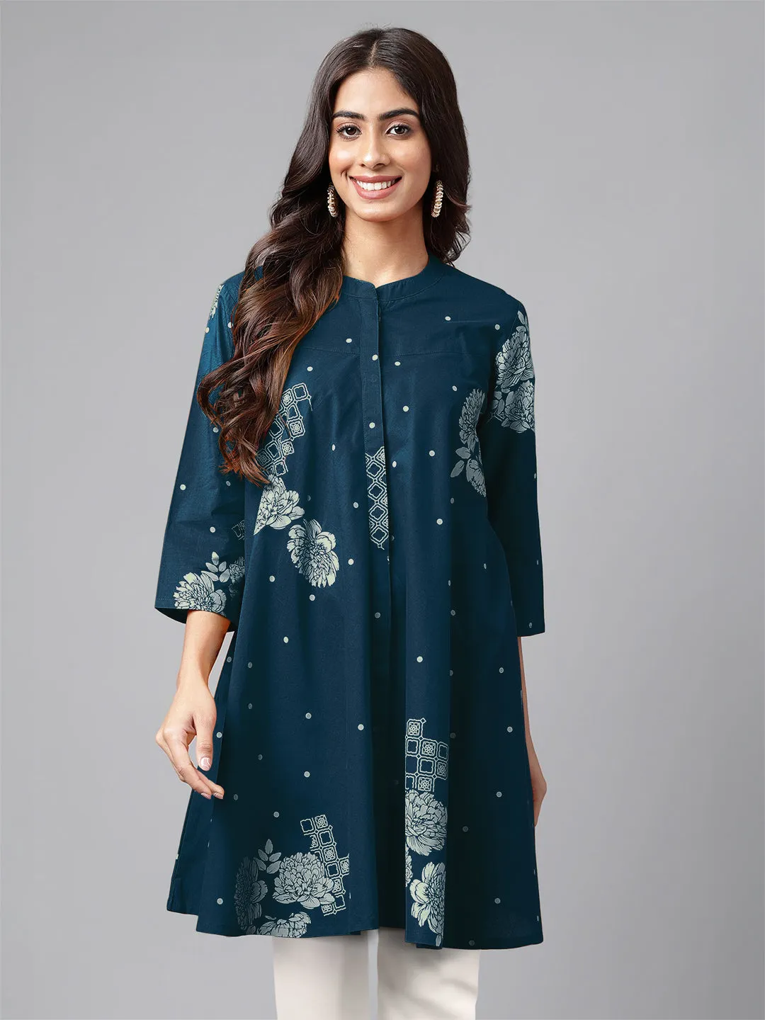 Teal Blue Pure Cotton Floral Printed Flared Tunic  - By Janasya